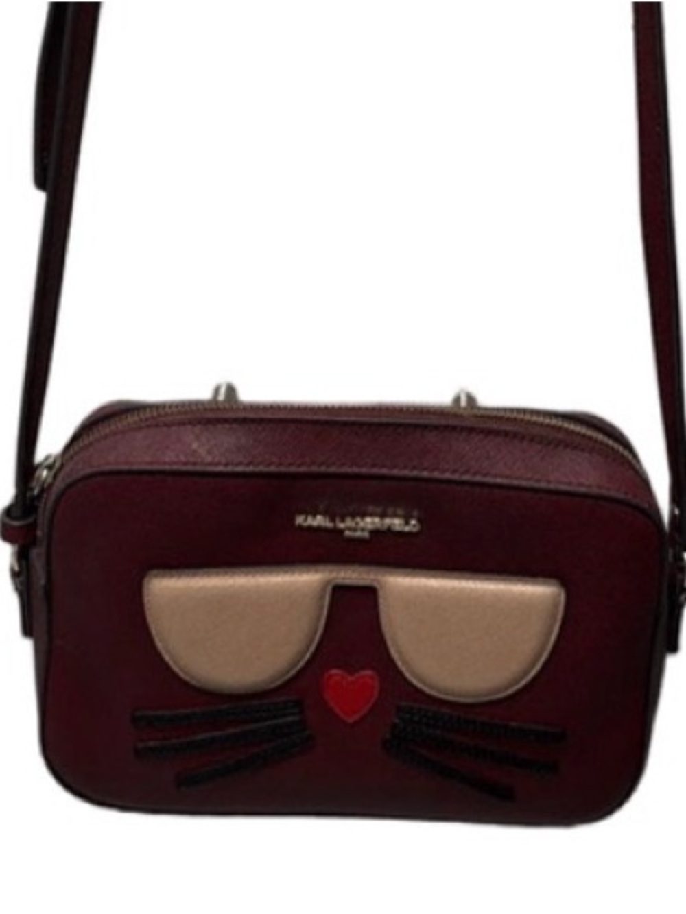 Karl Lagerfeld Burgundy Crossbody with Cat Sunglasses Applique